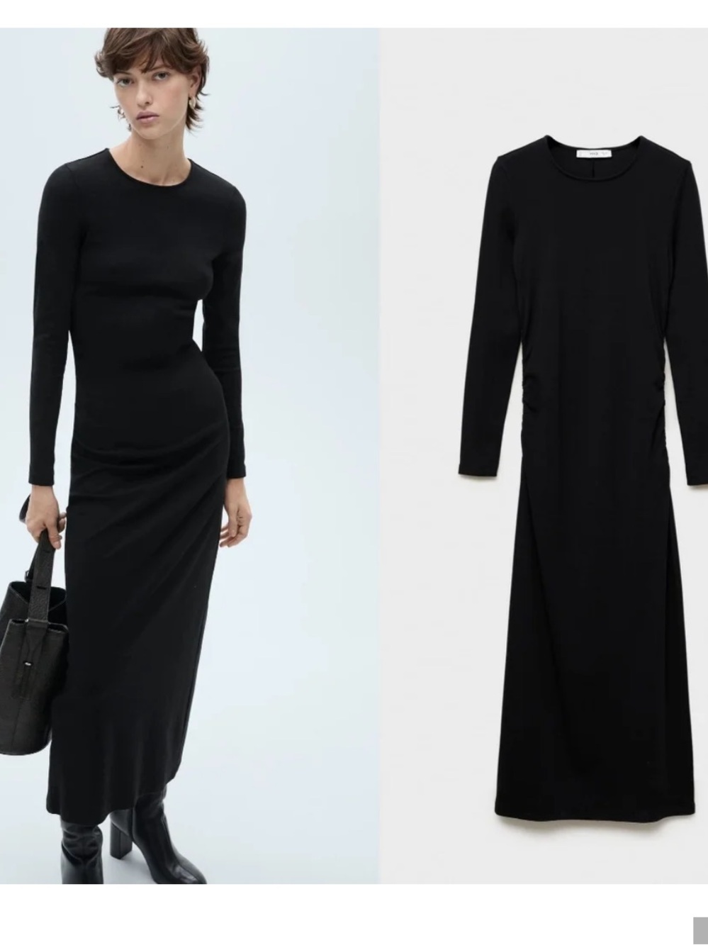 Mango Black Ruched Waist Long-Sleeve Maxi Knit Dress